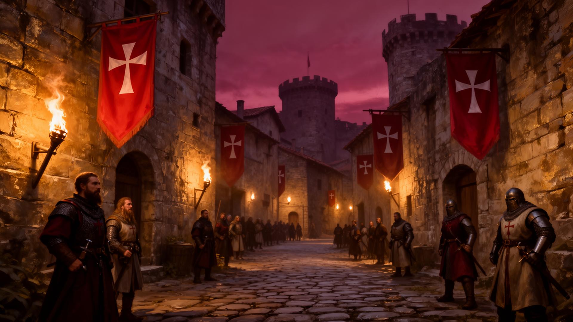 Vila Templária de Soure ao entardecer com bandeiras templárias e tochas