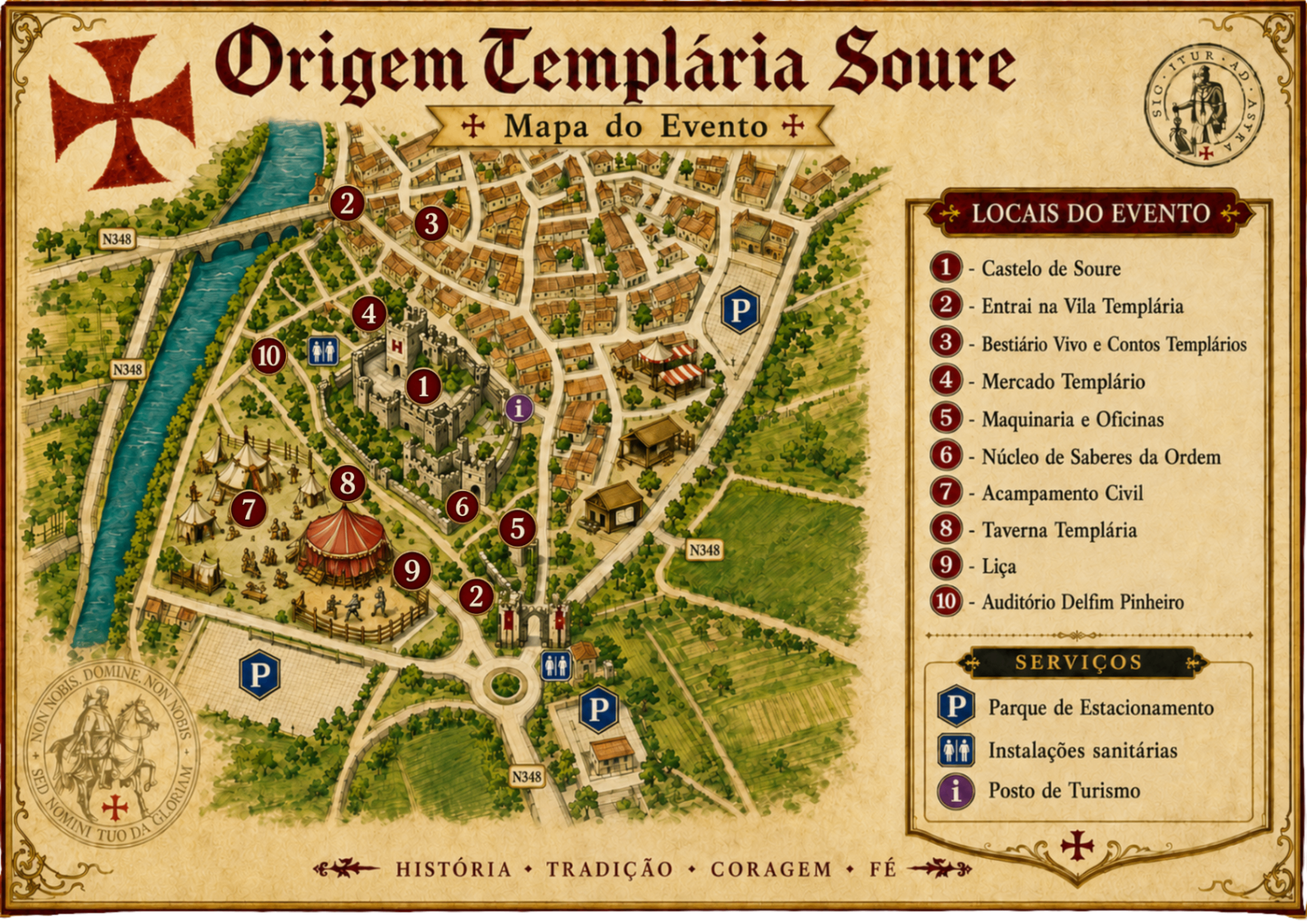 Mapa ilustrado da Vila Templária de Soure com locais do evento numerados