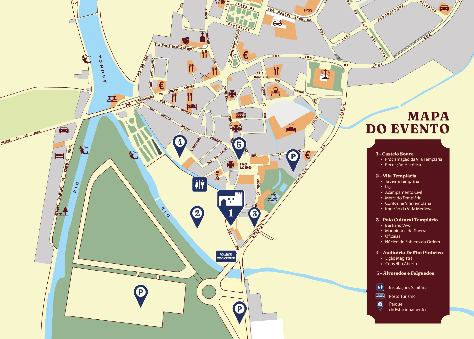 Mapa ilustrado da Vila Templária de Soure com locais do evento numerados